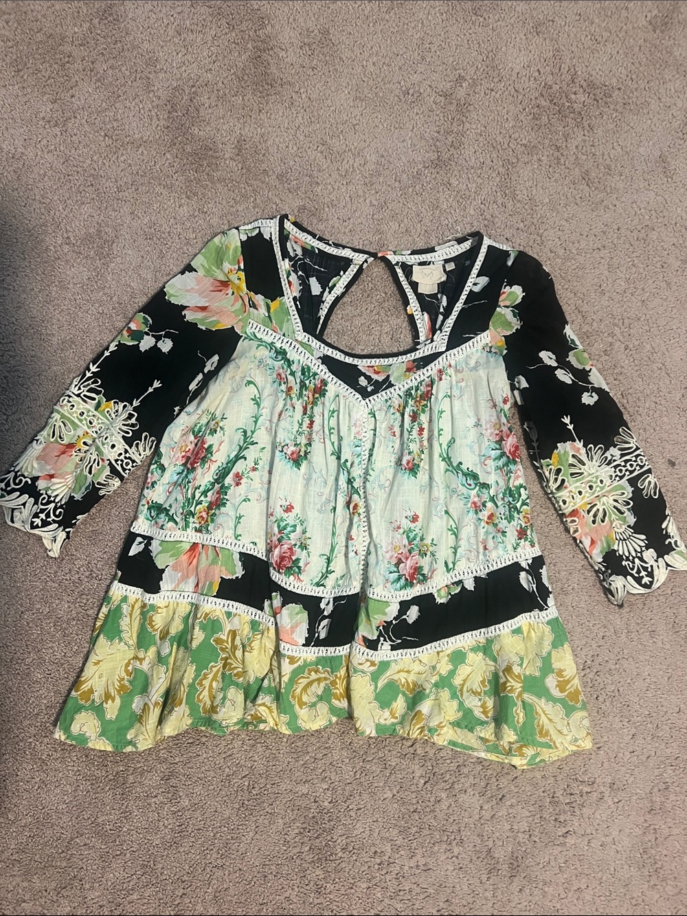 Anthropologie Boho Floral Patchwork Peasant Top - Black, Green, Cream